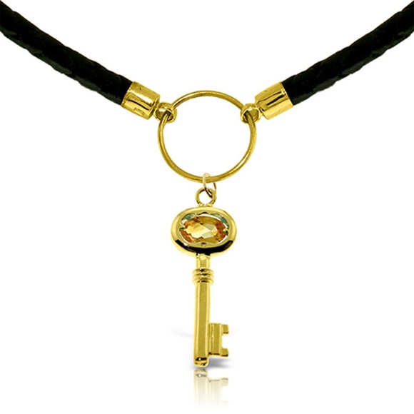 14K SOLID GOLD & LEATHER KEY NECKLACE WITH CITRINE